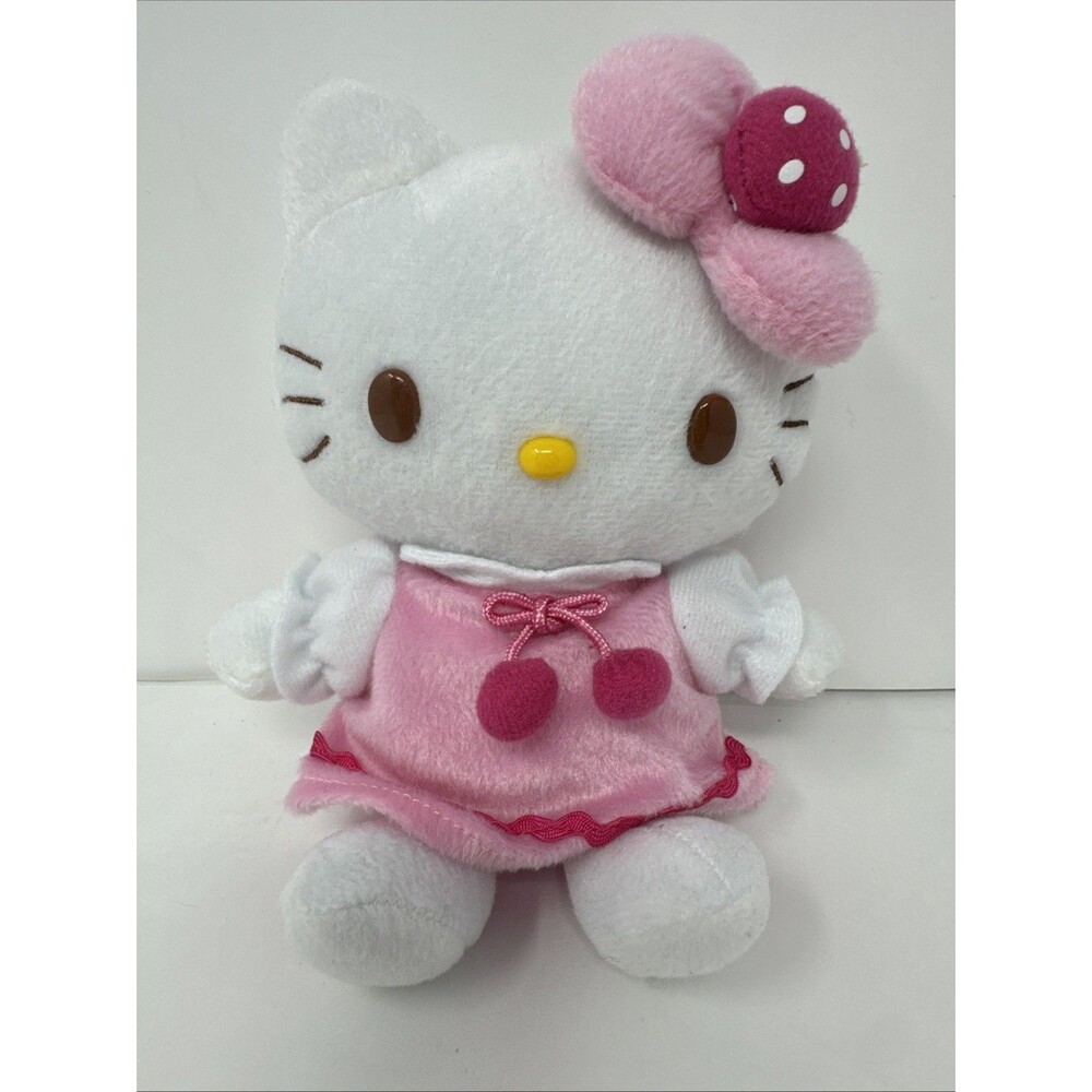 Hello Kitty 6” Pink & White Strawberry Plush 2010 Sanrio Pom Pom Tie Brown Eyes